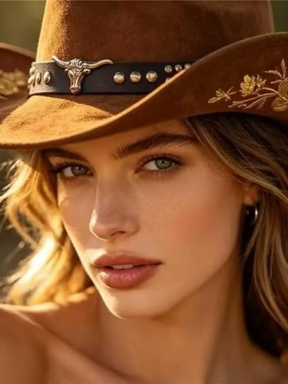 Brown Felt Cowboy Hat Gold Floral Embroidered Cowgirl Hat Rodeo Festival Boho